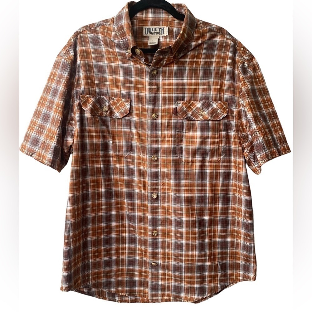 Duluth Trading Company Orange Brown Plaid Short Sleeve Button Down‎ Shirt Sz L